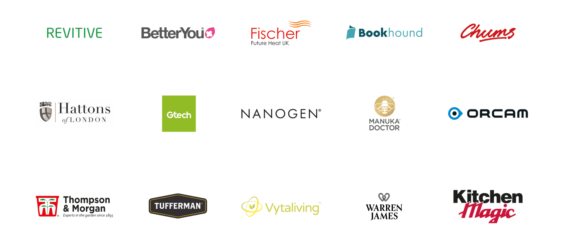 Logos of brands Lavery Rowe has worked with, including Revitive, BetterYou, Fischer, Bookhound, Chums, Hattons of London, Gtech, Nanogen, Manuka Doctor, Orcam, Thompson & Morgan, Tufferman, Vytaliving, Warren James and Kitchen Magic
